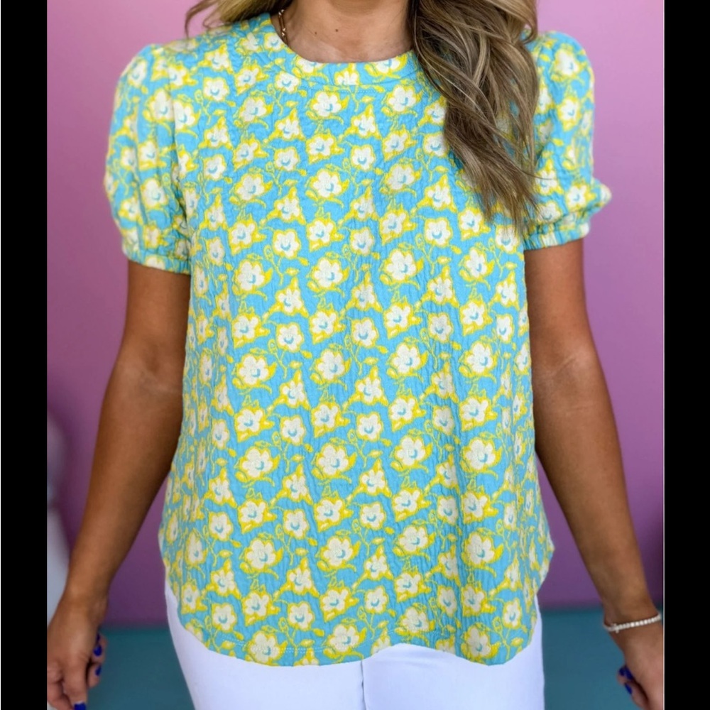 Voy Blue and Yellow Puff Sleeve Shirt